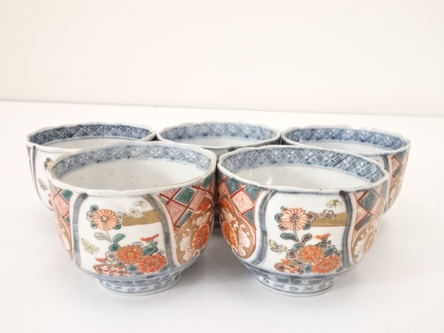 江戸末期　古伊万里　錦手菊蝶文向付5客